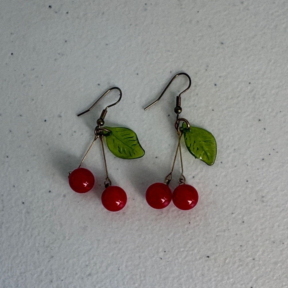 Vintage Cherry Dangle Earrings with Green Leaf Accent